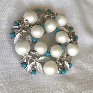 Vintage Sara Coventry Pearl and Tourquoise Brooch
